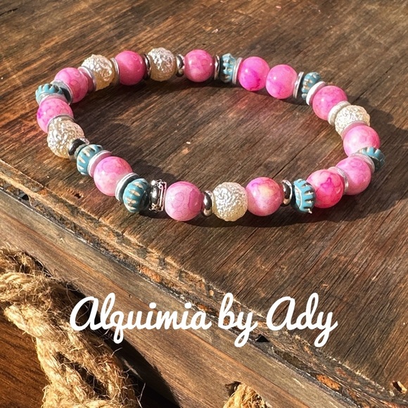 Hot pink multicolored multi gemstone beaded handmade - Picture 1 of 8